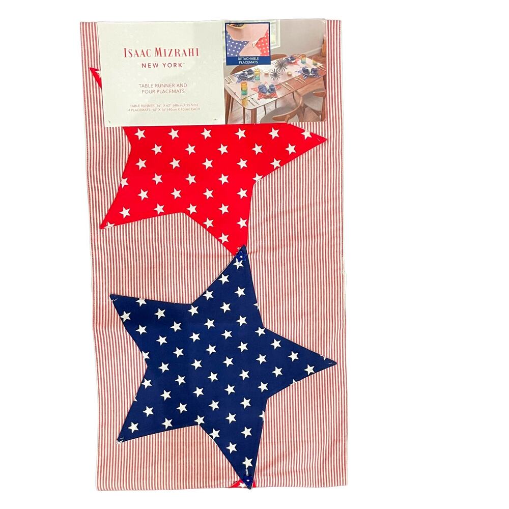 ISAAC MIZRAHI Stars & Stripes Cotton Table Runner | (4) Detachable Placemats NEW